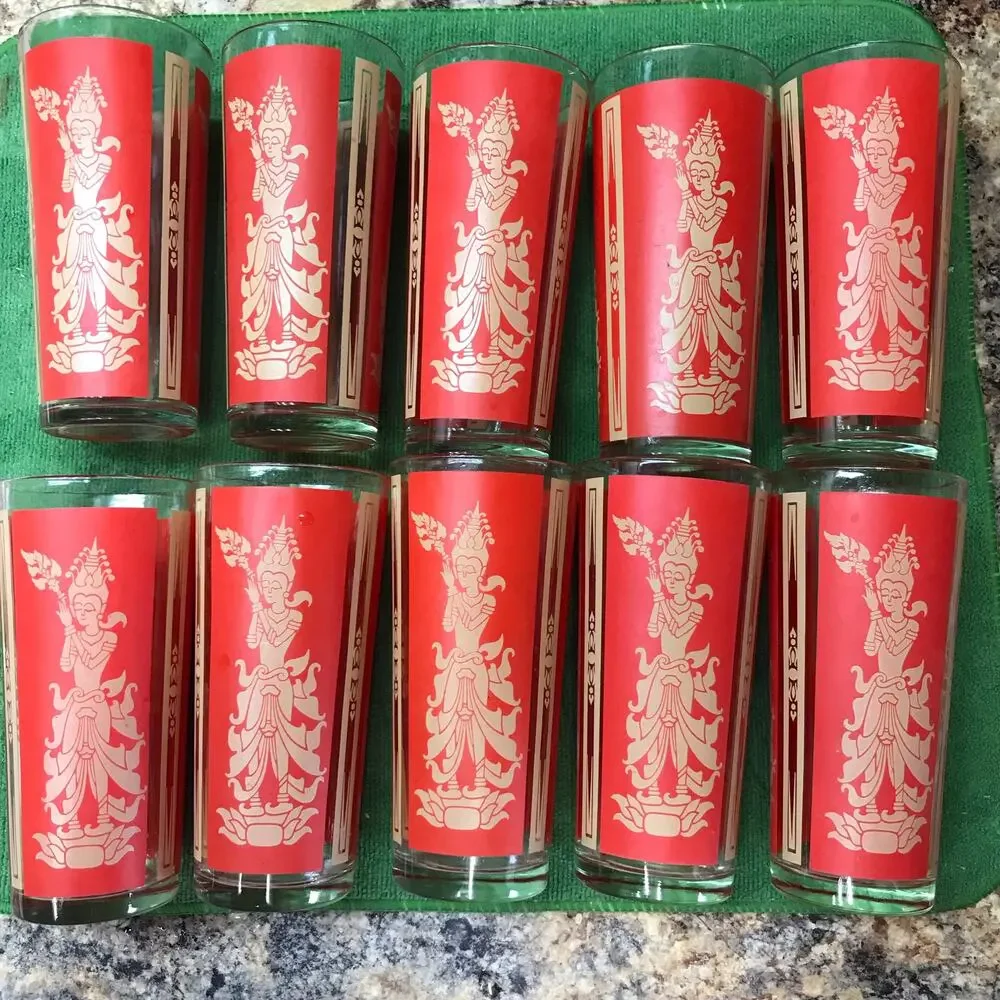 10 Vint Culver Federal Siam Thai Red/Gold Bollywood Goddess Glass Tumblers 61/2”
